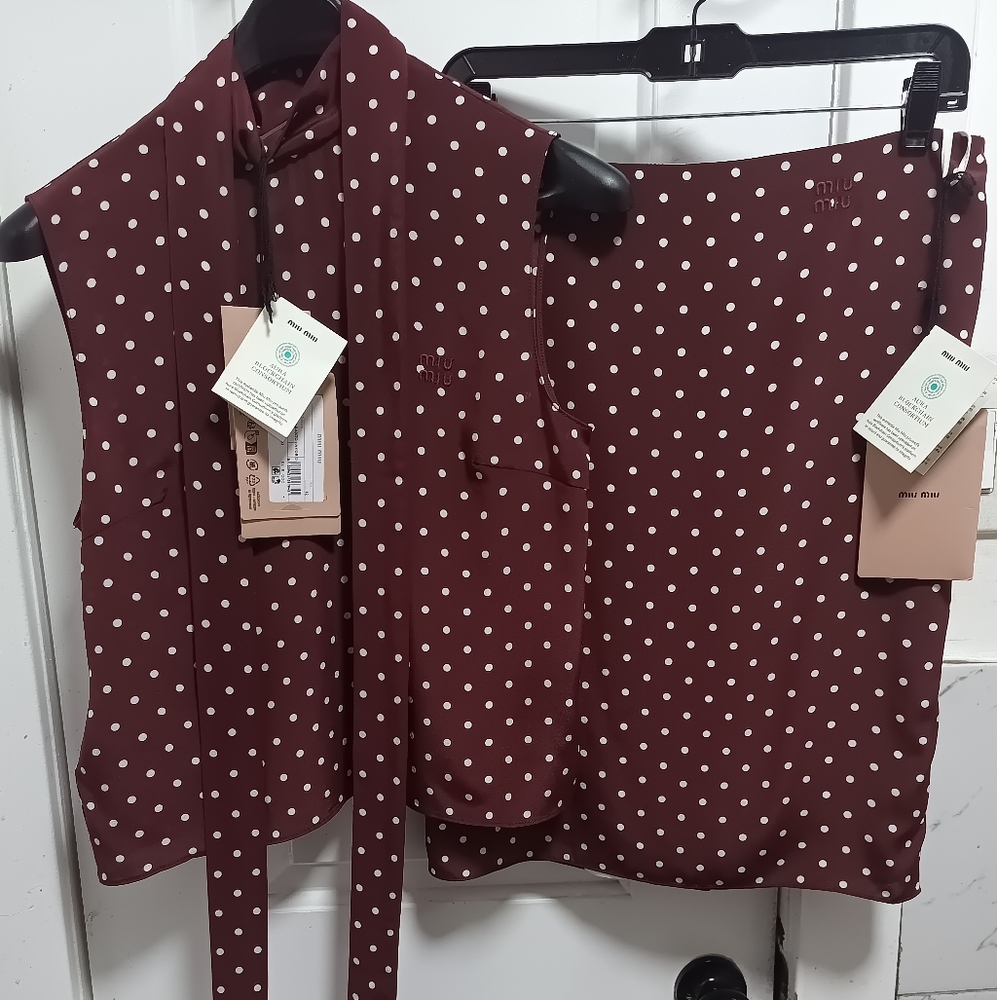 Miu Miu Burgundy/Cream Polka Dot Skirt & Blouse Set BNWT
